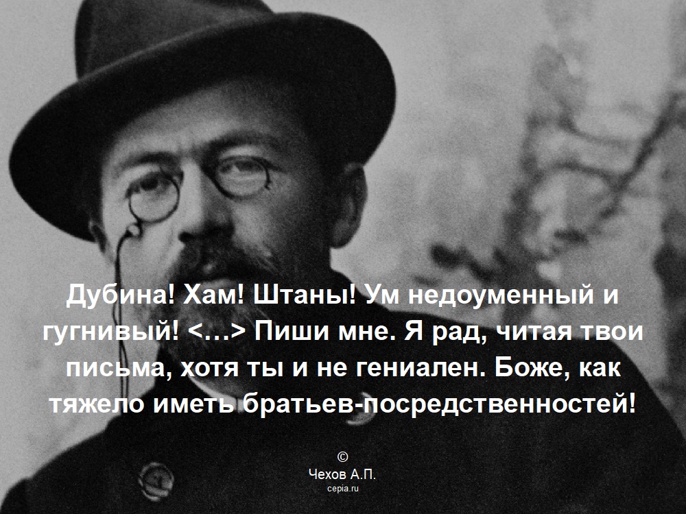 Дубина! Хам! Штаны! Ум недоуменный и гугнивый! <…> Пиши мне. Я рад, читая твои письма, хотя ты и не гениален. Боже, как тяжело иметь братьев-посредственностей! © Чехов А.П.