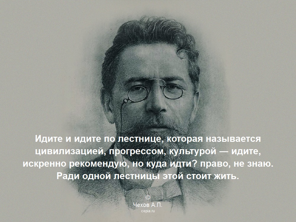 Идите и идите по лестнице, которая называется цивилизацией, прогрессом, культурой ― идите, искренно рекомендую, но куда идти? право, не знаю. Ради одной лестницы этой стоит жить. © Чехов А.П.
