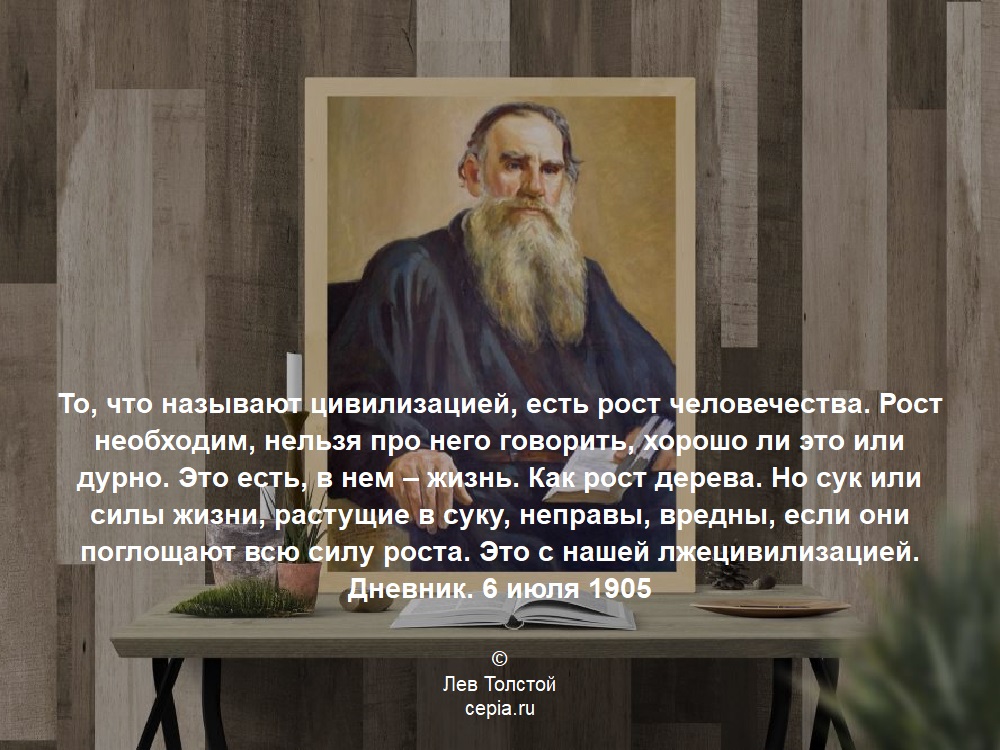 То, что называют цивилизацией, есть рост человечества. Рост необходим, нельзя про него говорить, хорошо ли это или дурно. Это есть, в нем – жизнь. Как рост дерева. Но сук или силы жизни, растущие в суку, неправы, вредны, если они поглощают всю силу роста. Это с нашей лжецивилизацией. Дневник. 6 июля 1905 © Лев Толстой