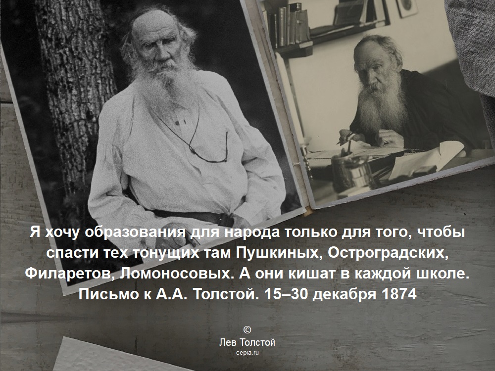Я хочу образования для народа только для того, чтобы спасти тех тонущих там Пушкиных, Остроградских, Филаретов, Ломоносовых. А они кишат в каждой школе. Письмо к А.А. Толстой. 15–30 декабря 1874 © Лев Толстой