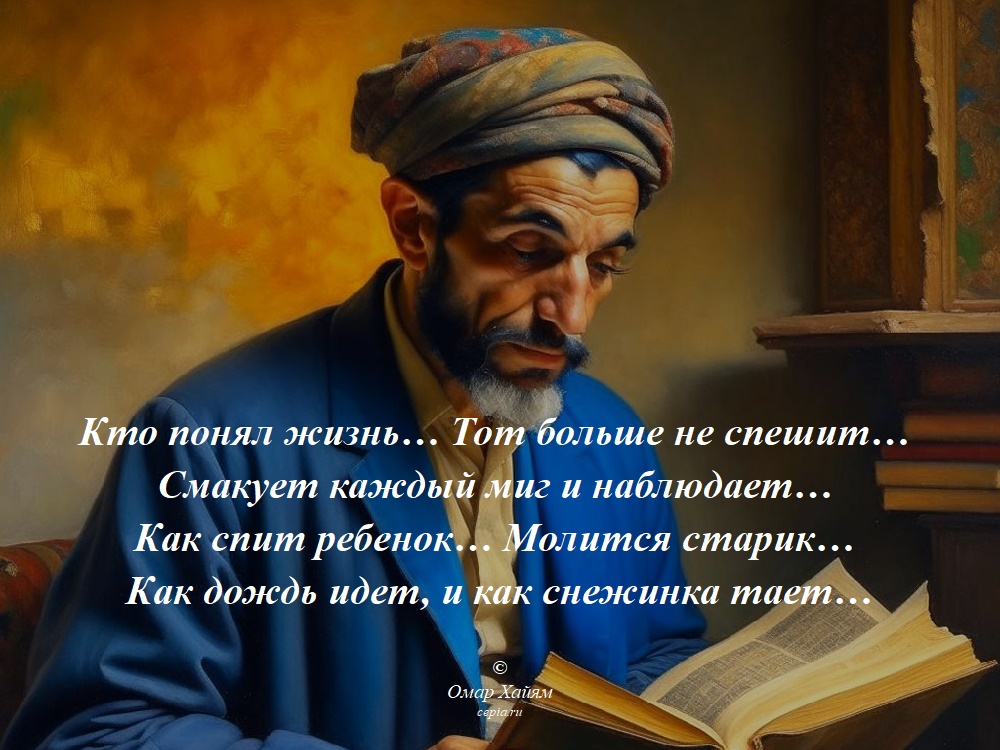 Кто понял жизнь… Тот больше не спешит…
Смакует каждый миг и наблюдает…
Как спит ребенок… Молится старик…
Как дождь идет, и как снежинка тает… © Омар Хайям