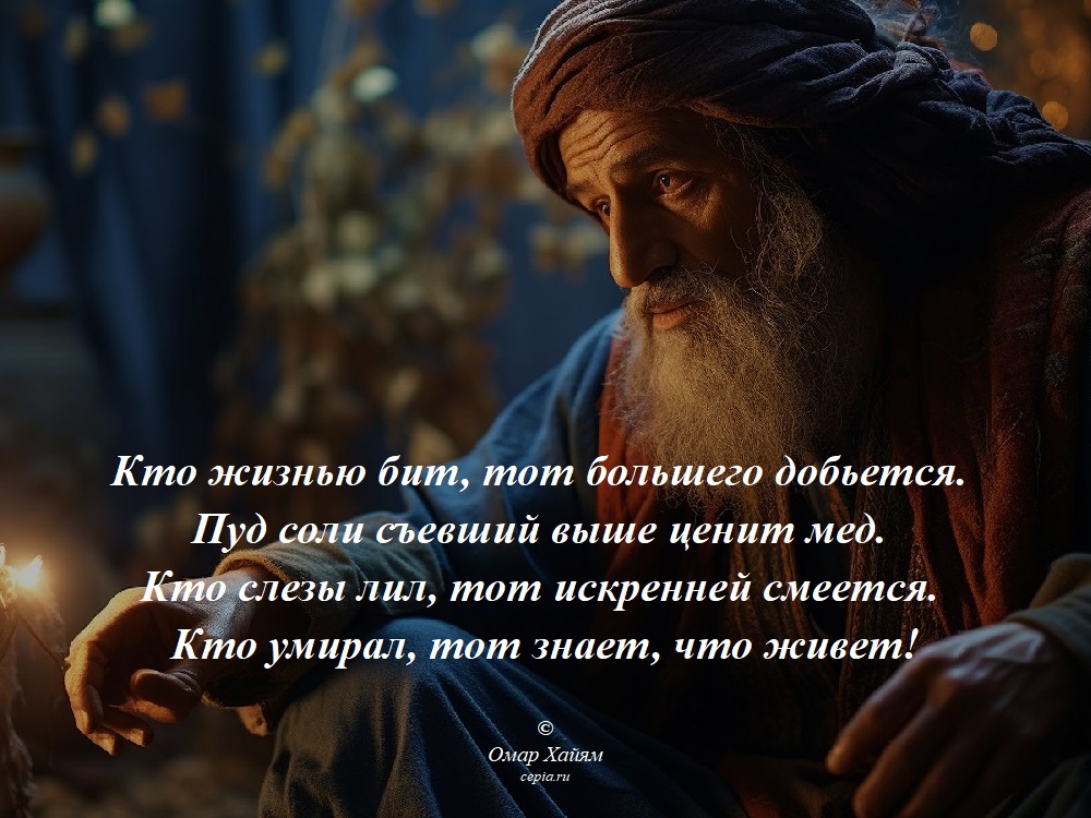 Кто жизнью бит, тот большего добьется.
Пуд соли съевший выше ценит мед.
Кто слезы лил, тот искренней смеется.
Кто умирал, тот знает, что живет! © Омар Хайям