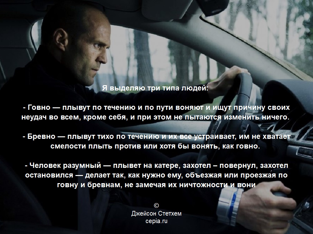Я выделяю три типа людей:
- Говно — плывут по течению и по пути воняют и ищут причину своих неудач во всем, кроме себя, и при этом не пытаются изменить ничего.
- Бревно — плывут тихо по течению и их все устраивает, им не хватает смелости плыть против или хотя бы вонять, как говно.
- Человек разумный — плывет на катере, захотел – повернул, захотел остановился — делает так, как нужно ему, объезжая или проезжая по говну и бревнам, не замечая их ничтожности и вони © Джейсон Стетхем