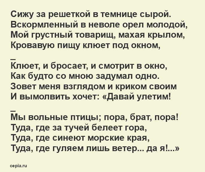 Учить короткое, легкое стихотворение Александра Сергеевича Пушкина для 3 класса- Узник