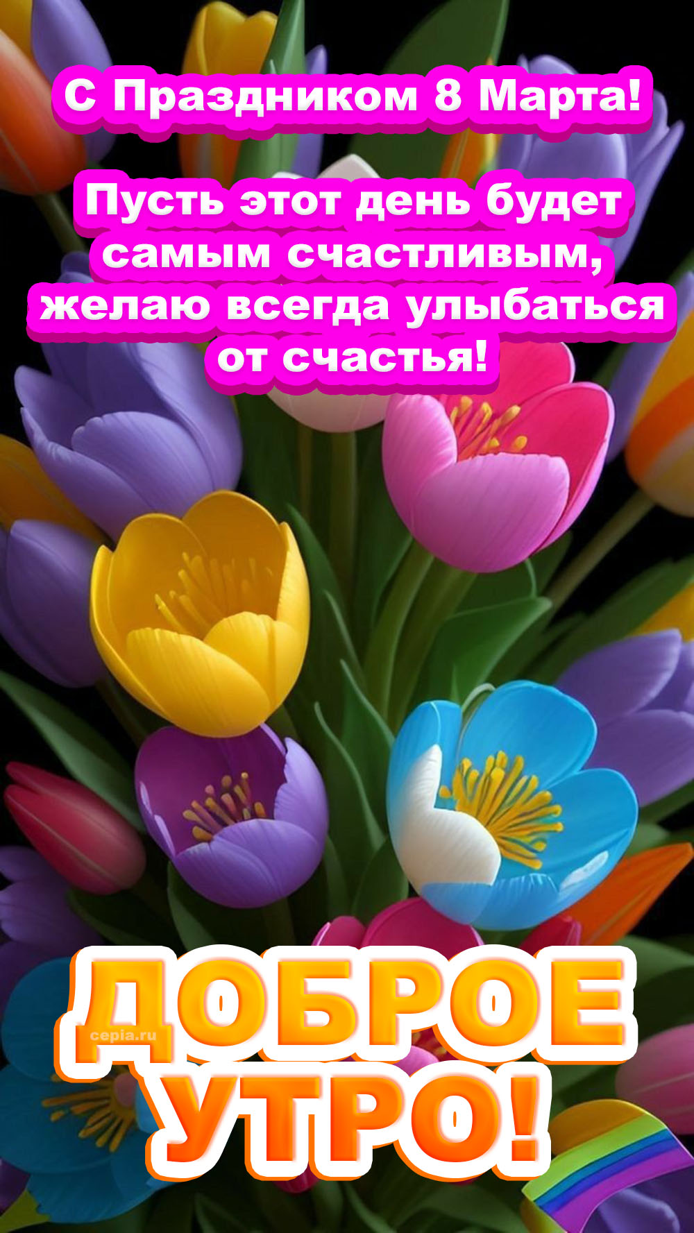 С 8 марта! Пожелание с открытки: Пусть этот день будет самым счастливым, желаю всегда улыбаться от счастья!😀