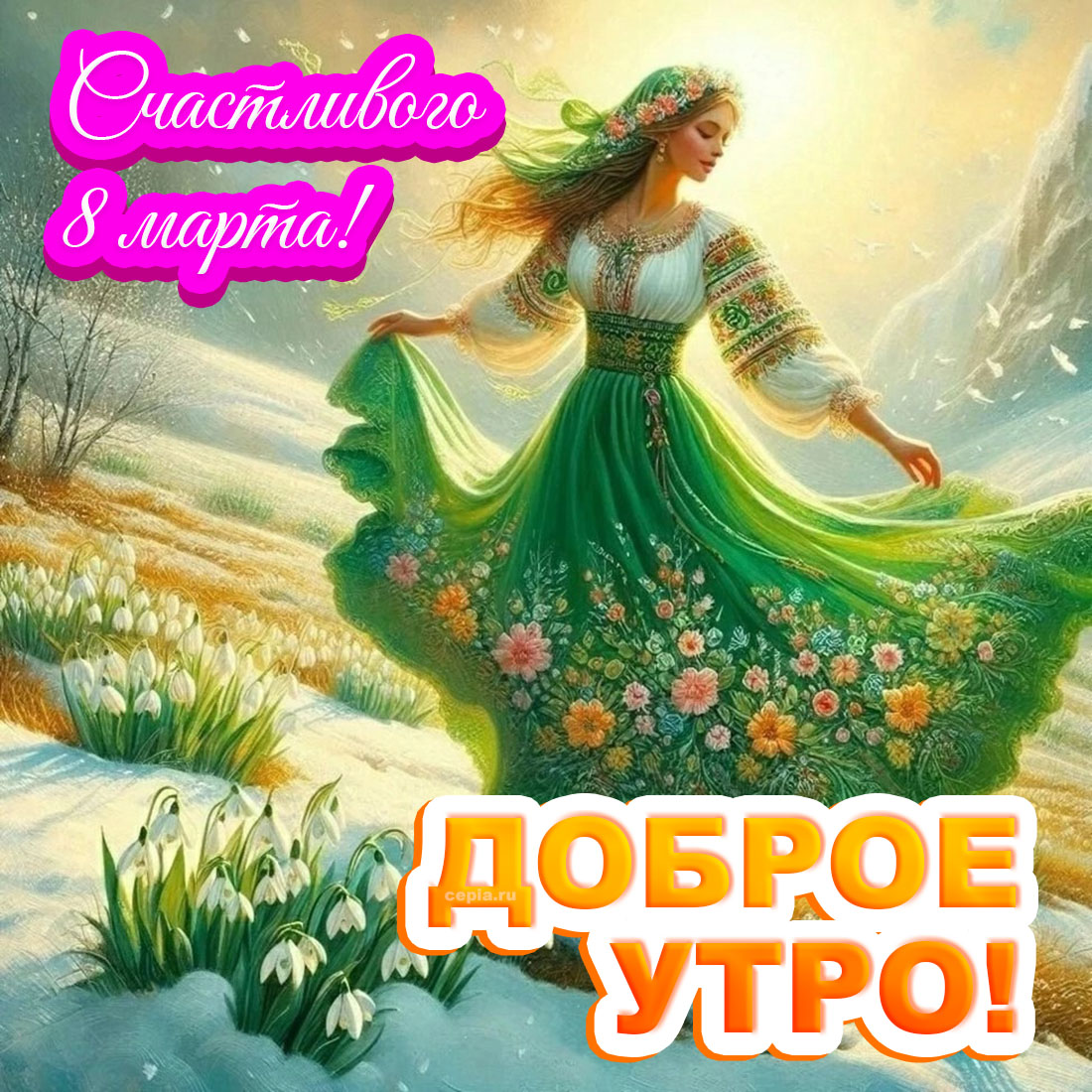 Счастливого 8 Марта! 🎉 Красивая открытка с приятным пожеланием Доброго Утра с девушкой танцующей весной в зеленом цветочном платье!