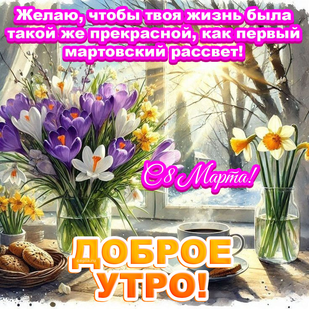 С Добрым Утром! Открытка на 8 марта: Желаю, чтобы твоя жизнь была такой же прекрасной, ка первый мартовский рассвет!🎉